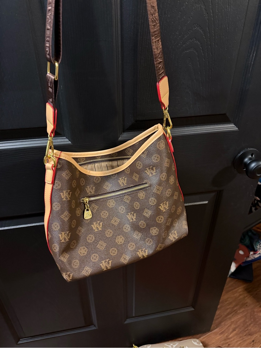 Brown Monogram Crossbody Shoulder Bag with Tan Trim
